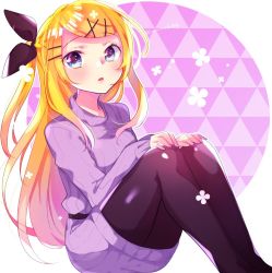 Rule 34 | 1girl, alternate hairstyle, black bow, blonde hair, blue eyes, blush, bow, commentary, feet out of frame, floral print, hair bow, hair ornament, hairclip, hands on own knees, kagamine rin, kawahara chisato, knees up, long hair, looking at viewer, aged up, pantyhose, parted lips, purple sweater, sitting, sleeves past wrists, solo, sweater, triangle, turtleneck, turtleneck sweater, vocaloid