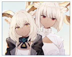 Rule 34 | 2girls, animal ear fluff, animal ears, arknights, beeswax (arknights), black hoodie, blunt bangs, blunt ends, blush, border, carnelian (arknights), cleavage cutout, closed mouth, clothing cutout, dark-skinned female, dark skin, dress, figmnts, goat ears, goat girl, goat horns, gold horns, gradient background, highres, hood, hoodie, horns, infection monitor (arknights), blue background, looking at viewer, multiple girls, open mouth, red eyes, shirt, short hair, siblings, signature, sisters, smile, upper body, wavy hair, white dress, white shirt, yellow background, yellow eyes