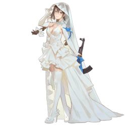 Rule 34 | 1girl, arm up, assault rifle, blue ribbon, braid, breasts, bridal veil, brown eyes, brown hair, cancer (zjcconan), cleavage, closed mouth, collar, detached collar, dress, full body, girls&#039; frontline, gloves, gun, hair between eyes, hair ornament, hair ribbon, high heels, holding, holding gun, holding weapon, kalashnikov rifle, large breasts, lips, long dress, long hair, looking at viewer, official alternate costume, official art, ribbon, rifle, shoes, sidelocks, smile, solo, standing, thighhighs, transparent background, twin braids, type 56-1 (&#039;til death do us part) (girls&#039; frontline), type 56-1 (girls&#039; frontline), type 56 assault rifle, veil, weapon, wedding dress, white dress, white footwear, white ribbon, white thighhighs