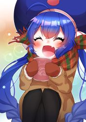 1girl absurdres asteroid_stella black_legwear blue_hair blue_hat blush braid brown_coat character_print closed_eyes coat commentary cup fang hat highres holding holding_cup large_hat long_hair mittens mug open_mouth otomachi_una plaid_clothes plaid_scarf red_mittens scarf sitting skin_fang smile snowflakes solo steam twin_braids twintails very_long_hair vocaloid