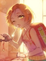 Rule 34 | 10s, 1girl, aftersex, backlighting, backpack, bad id, bad pixiv id, bag, brown hair, collarbone, criss-cross halter, drinking fountain, faucet, hair ornament, hairclip, halterneck, idolmaster, idolmaster cinderella girls, lens flare, manle, one eye closed, open mouth, oral, orange hair, randoseru, ryuzaki kaoru, short hair, sleeveless, solo, tongue, tongue out, upper body, water, water tap, wristband, yellow eyes