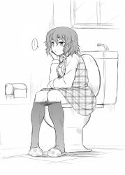 Rule 34 | 1girl, ascot, bad id, bad pixiv id, clothes pull, dr.p, female focus, greyscale, head rest, kazami yuuka, monochrome, pantyhose, pantyhose pull, plaid, plaid skirt, plaid vest, short hair, skirt, skirt set, slippers, solo, toilet, toilet paper, toilet use, touhou, unmoving pattern, vest