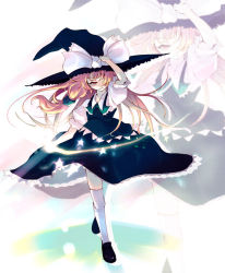 Rule 34 | 1girl, arm up, black footwear, black hat, black skirt, black vest, blonde hair, bow, bowtie, collared shirt, female focus, floating hair, full body, glowing, green bow, green bowtie, hair over one eye, hair tubes, hand on headwear, hat, hat bow, kirisame marisa, lace-trimmed sleeves, lace trim, long hair, looking at viewer, magic, puffy short sleeves, puffy sleeves, red eyes, shirt, shoes, short sleeves, skirt, smile, solo, star (symbol), tamaki fuyu, thighhighs, touhou, vest, walking, white bow, white shirt, white thighhighs, witch hat, zoom layer