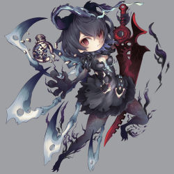 Rule 34 | 1girl, alice (sinoalice), apron, bad id, bad pixiv id, belt, belt buckle, black hair, buckle, chibi, claws, corruption, dark persona, dress, grey background, hairband, highres, holding, holding sword, holding weapon, looking at viewer, open mouth, parted lips, pocket watch, red eyes, short hair, simple background, sinoalice, solo, spoilers, sword, tattoo, torn clothes, watch, weapon, xxviii xi