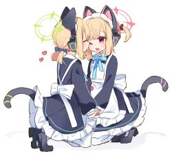 Rule 34 | 2girls, animal ear headphones, animal ears, apron, black footwear, blue archive, blue ribbon, cat ear headphones, closed eyes, fake animal ears, fake tail, halo, headphones, holding hands, incest, kiss, kissing cheek, long sleeves, low twintails, maid, maid apron, maid headdress, medium hair, midori (blue archive), midori (maid) (blue archive), momoi (blue archive), momoi (maid) (blue archive), multiple girls, neck ribbon, one eye closed, open mouth, parted bangs, red eyes, ribbon, shadow, short twintails, siblings, sidelocks, simple background, sisters, tail, twins, twintails, yun (dust-i1), yuri