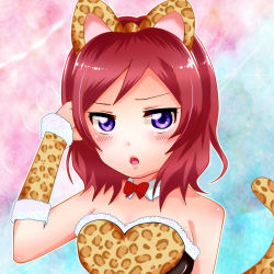 Rule 34 | 10s, 1girl, animal ears, animal print, blush, bow, bowtie, cat ears, cat tail, detached sleeves, gradient background, highres, leopard print, looking at viewer, love live!, love live! school idol festival, love live! school idol project, nishikino maki, open mouth, purple eyes, red hair, sashimin (sacchan1818), sashimin☆, short hair, solo, standing, tail