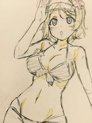 Rule 34 | 1girl, bikini, blush, breasts, cleavage, contrapposto, earrings, flower, goggles, goggles on head, graphite (medium), groin, hair flower, hair ornament, highres, jewelry, kotokoto (jumon), love live!, love live! sunshine!!, medium breasts, navel, paper texture, sketch, solo, standing, swimsuit, traditional media, watanabe you