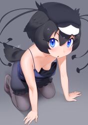 Rule 34 | 1girl, absurdres, antenna hair, areola slip, bare arms, bare shoulders, bird tail, black hair, black hat, blue eyes, breasts, chestnut mouth, commentary, downblouse, grey background, hair between eyes, hat, head wings, highres, kemono friends, kneeling, looking at viewer, masuyama ryou, no bra, open mouth, pantyhose, short hair, simple background, small breasts, solo, spaghetti strap, tail, western parotia (kemono friends), wings