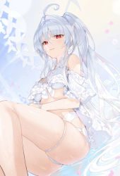 Rule 34 | 1girl, ahoge, armpit crease, bare shoulders, bikini, bow, fate/grand order, fate (series), frills, hair intakes, highres, koyo akio, lady avalon (second ascension) (fate), legs, long hair, merlin (fate/prototype), lady avalon (fate), parasol, petals, red eyes, skindentation, solo, swimsuit, thigh strap, twintails, umbrella, very long hair, white hair