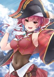 Rule 34 | 1girl, absurdres, armpits, ascot, bicorne, blouse, blue sky, bodysuit, bodysuit under clothes, breasts, brooch, buttons, cloud, covered navel, gloves, hair ribbon, hat, heterochromia, highres, hololive, houshou marine, jacket, jewelry, large breasts, leotard, leotard under clothes, looking at viewer, medium hair, off shoulder, open mouth, pleated skirt, red ascot, red hair, red ribbon, red skirt, ribbon, sazanka, see-through, see-through leotard, sharp teeth, shirt, skirt, sky, sleeveless, sleeveless shirt, smile, solo, standing, teeth, twintails, virtual youtuber, white gloves