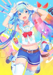 Rule 34 | 1girl, :d, ahoge, alternate costume, anchor choker, animal print, aqua nails, armpits, arms up, bad id, bad pixiv id, ball, bare arms, bare shoulders, beachball, belt, beret, binoculars, blue bow, blue eyes, blue hair, blue shorts, blush, bow, brown footwear, choker, clownfish, collarbone, commentary request, crazy straw, cup, double v, drink, drinking glass, drinking straw, fish, fish print, food, frilled shorts, frills, fruit, hair between eyes, hat, hatsune miku, heiwa (murasiho), innertube, jumping, long hair, looking at viewer, multicolored background, multicolored shirt, nail polish, navel, open mouth, orange (fruit), orange slice, polka dot, print thighhighs, red bow, red neckwear, sailor collar, shirt, shoes, shorts, sleeveless, sleeveless shirt, smile, solo, swim ring, teeth, thighhighs, transparent, twintails, upper teeth only, v, very long hair, vocaloid, watermelon, white sailor collar, wrist cuffs