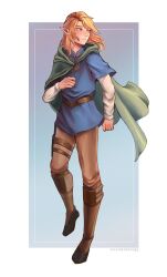 Rule 34 | 1boy, artist name, blonde hair, blue eyes, blush, boots, brown footwear, brown pants, cloak, commentary, elf, english commentary, full body, green cloak, highres, knee boots, long hair, looking to the side, original, pants, pointy ears, sephineedraws, shirt, signature, solo, standing, standing on one leg, tunic, white shirt