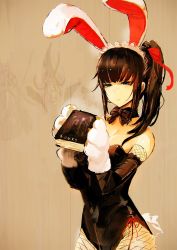 Rule 34 | 1girl, animal ears, animal hands, blunt bangs, book, bow, bowtie, brown hair, cowboy shot, fake animal ears, fishnets, gloves, hair ornament, hair ribbon, leotard, narberal gamma, overlord (maruyama), paw gloves, playboy bunny, ponytail, rabbit ears, rabbit tail, ribbon, solo, tail