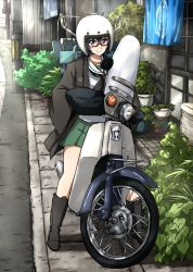 Rule 34 | 1girl, blue eyes, blue hair, boots, full body, girls und panzer, glasses, helmet, highres, honda super cub, looking at viewer, omachi (slabco), oryou (girls und panzer), outdoors, plant, pleated skirt, potted plant, school uniform, semi-rimless eyewear, skirt, solo, wide sleeves