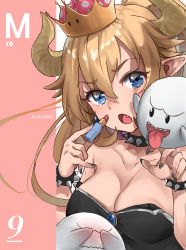 Rule 34 | 1girl, absurdres, bare shoulders, black dress, black nails, blonde hair, blue eyes, blue gemstone, blush, boo (mario), bowsette, bracelet, breasts, brooch, character name, cleavage, close-up, collar, collarbone, commentary request, cosmetics, covering face, dress, earrings, fang, fangs, fingernails, gem, hair between eyes, highres, horns, initial, jewelry, lipstick, lipstick tube, long hair, looking at viewer, makeup, mario (series), medium breasts, nail polish, new super mario bros. u deluxe, nintendo, nose blush, open mouth, pink background, pointy ears, ponytail, red lips, sharp fingernails, short hair, sidelocks, solo, spiked bracelet, spiked collar, spikes, strapless, strapless dress, super crown, two-tone background, white background
