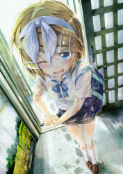 Rule 34 | 1girl, ;d, bag, blonde hair, blue eyes, blush, bra, colored eyelashes, daidou (demitasse), from above, hair ornament, hair ribbon, hairband, hairclip, highres, kagamine rin, loafers, one eye closed, open mouth, ribbon, school bag, school uniform, see-through, shoes, short hair, skirt, smile, socks, solo, underwear, vocaloid, wet, wet clothes, white socks, wince, wringing clothes