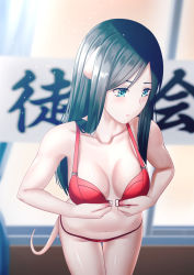 Rule 34 | 1girl, animal ears, aqua eyes, banner, black hair, blurry, blurry background, blush, bra, breasts, parted hair, cleavage, collarbone, commentary, curtains, from above, front-hook bra, hadano miki, highres, kangbus, light blush, lips, lipstick, long hair, looking away, makeup, murenase! shiiton gakuen, nail polish, naked mole rat, panties, pink lips, pink nails, red bra, red panties, solo, sparkle, tail, thigh gap, translated, underwear, undressing, unfastened, window