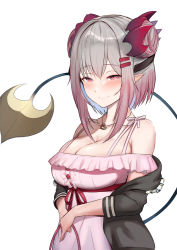 Rule 34 | 1girl, nanashi inc., bare shoulders, black jacket, blush, breasts, cleavage, closed mouth, collarbone, demon tail, double bun, dress, frilled jacket, frills, gradient hair, grey hair, hair between eyes, hair bun, hair ornament, hairclip, half-closed eyes, highres, honey strap, horns, hoshara, jacket, jewelry, large breasts, long sleeves, looking at viewer, multicolored hair, necklace, off-shoulder dress, off shoulder, open clothes, open jacket, pink dress, pink hair, pointy ears, red eyes, seductive smile, simple background, smile, solo, streaked hair, suou patra, tail, virtual youtuber, white background