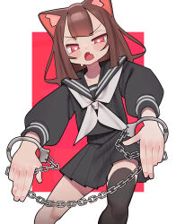 Rule 34 | 1girl, absurdres, animal ears, black sailor collar, black serafuku, black skirt, black thighhighs, brown hair, cat ears, commentary, cuffs, fang, handcuffs, highres, long sleeves, looking at viewer, neckerchief, open mouth, original, pleated skirt, red eyes, saaal653, sailor collar, school uniform, serafuku, simple background, single thighhigh, skin fang, skirt, solo, sweat, symbol-only commentary, thighhighs, white neckerchief