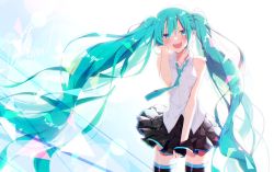 Rule 34 | 1girl, absurdly long hair, aqua eyes, aqua hair, aqua necktie, asagao minoru, backlighting, bare shoulders, black skirt, black thighhighs, commentary, cowboy shot, half-closed eyes, hand in own hair, hand up, hatsune miku, long hair, looking at viewer, miniskirt, necktie, open mouth, pleated skirt, shirt, signature, skirt, skirt hold, sleeveless, sleeveless shirt, smile, solo, standing, thighhighs, triangle, twintails, very long hair, vocaloid, white background, white shirt, zettai ryouiki