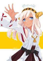 Rule 34 | 1girl, alakoala, bad id, bad twitter id, blonde hair, blue eyes, brown skirt, commentary request, cowboy shot, detached sleeves, hairband, headgear, highres, japanese clothes, kantai collection, kongou (kancolle), long hair, looking at viewer, one-piece tan, pleated skirt, ribbon-trimmed sleeves, ribbon trim, ro-500 (kancolle), skirt, smile, solo, tan, tanline, two-tone background, white background, yellow background