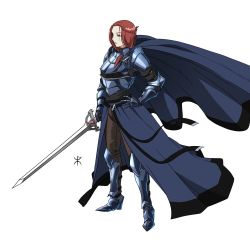 Rule 34 | 1girl, apoloniodraws, armor, armored boots, boots, braid, brown eyes, brown hair, brown pants, cape, female knight, floating cape, gauntlets, greaves, hand on own hip, highres, holding, holding sword, holding weapon, knight, looking afar, pants, personification, red eyes, red hair, simple background, sword, weapon, white background