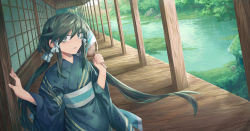 Rule 34 | 1girl, architecture, bad id, bad pixiv id, blue kimono, east asian architecture, green eyes, green hair, green kimono, hand fan, hands up, highres, holding, holding fan, japanese clothes, kimono, long hair, long sleeves, looking at viewer, obi, original, paper fan, parted lips, pond, porch, sash, shichigatsu, sliding doors, solo, standing, white sash, wide sleeves, yayoi (shichigatsu)