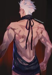 Rule 34 | 1boy, archer (fate), ass, astarone, back, backless outfit, dark skin, dark-skinned male, fate/stay night, fate (series), from behind, male focus, manly, meme attire, muscular, short hair, solo, virgin killer sweater, white hair