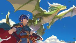 Rule 34 | 2017, 2boys, artist request, blue eyes, blue hair, blue sky, cape, cloud, commentary, copyright name, cygames, day, dragalia lost, dragon, dragon horns, dragon wings, fingerless gloves, fire emblem, fire emblem: mystery of the emblem, fire emblem heroes, gloves, gold hairband, hairband, hand on own hip, horns, marth (fire emblem), midgardsormr (dragalia lost), multiple boys, nintendo, official art, open mouth, red eyes, short hair, short sleeves, sky, sword, weapon, wings