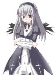 Rule 34 | 00s, 1girl, cross, crossed arms, latin cross, lolita fashion, rozen maiden, silver hair, simple background, sketch, solo, suigintou, white background, wings