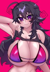 Rule 34 | 1girl, ahoge, bikini, bikini top only, breasts, clothes lift, crawling dreams, curly hair, curvy, highres, huge breasts, long hair, looking at viewer, merryweather, navel, nyarla (osiimi), osiimi, pink background, purple bikini, purple eyes, purple hair, shirt lift, simple background, smile, solo, swimsuit, symbol-only commentary, upper body