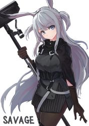 Rule 34 | 1girl, animal ears, arknights, black gloves, black pantyhose, breasts, character name, commentary request, cowboy shot, gloves, grey background, grey eyes, grey hair, hammer, highres, holding, holding hammer, jacket, long hair, looking at viewer, pantyhose, rabbit ears, savage (arknights), sentou kouhei kitsune, simple background, smile, solo, two side up, war hammer, weapon