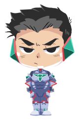 Rule 34 | 1boy, ao isami, big head, black hair, bonjore bonbon, chibi, frown, highres, looking at viewer, male focus, pilot suit, short hair, simple background, solo, standing, thick eyebrows, v-shaped eyebrows, white background, yuuki bakuhatsu bang bravern