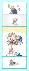 Rule 34 | ..., 1boy, 1girl, puff of air, blue hair, blush stickers, closed eyes, comic, commentary request, detached sleeves, dress, flying sweatdrops, futon, genshin impact, green eyes, green hair, grey hair, hair ornament, highres, holding, holding clothes, japanese clothes, long hair, lying, multicolored hair, nahida (genshin impact), no mouth, pointy ears, scaramouche (genshin impact), simple background, sitting, sound effects, spoken ellipsis, tirlleneill, torn clothes, wanderer (genshin impact)