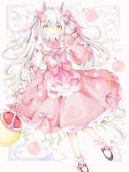 Rule 34 | 1girl, :d, animal ear fluff, animal ears, apple, bad id, bad pixiv id, basket, black footwear, bow, cat ears, cat girl, cat tail, detached sleeves, dress, flower, food, fruit, hair between eyes, hair bow, hair flower, hair ornament, hand up, highres, holding, holding basket, long hair, long sleeves, murano, nail polish, open mouth, original, pink bow, pink dress, pink sleeves, puffy long sleeves, puffy sleeves, red apple, red nails, shoes, sleeveless, sleeveless dress, sleeves past wrists, smile, socks, solo, tail, twintails, very long hair, white hair, yellow eyes, yellow flower