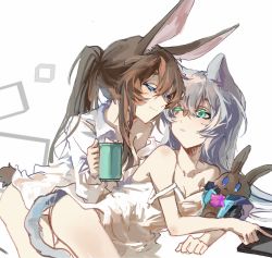 Rule 34 | 2girls, amiya (arknights), animal ears, arknights, bare shoulders, blouse, blush, breasts, brown hair, cat girl, cat tail, character doll, closed eyes, closed mouth, colored eyelashes, cup, dress, e-fa-dorn, green eyes, grey hair, highres, holding, holding cup, long hair, lying, mug, multiple girls, on side, one eye closed, parted lips, ponytail, rabbit ears, rabbit girl, rabbit tail, rosmontis (arknights), shirt, simple background, sleeveless, sleeveless dress, strap slip, stuffed animal, stuffed rabbit, stuffed toy, tablet pc, tail, white background, white dress, white shirt, yuri