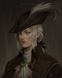 Rule 34 | 1girl, artist name, ascot, blood, blood on clothes, blood stain, bloodborne, blue eyes, bonnet, brooch, closed mouth, hat, hat feather, highres, jewelry, lady maria of the astral clocktower, lips, portrait, ramandraws, silver hair, solo, the old hunters, tricorne