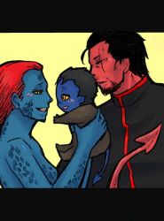 Rule 34 | 10s, 1girl, 2boys, age difference, azazel (x-men), baby, blue skin, blush, colored skin, family, father and son, hug, marvel, monster boy, monster girl, mother and son, multiple boys, mystique, nightcrawler, purple skin, red skin, scar, smile, tail, x-men, aged down