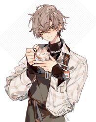 Rule 34 | 1boy, :3, alban knox, black pants, black sweater, brown hair, closed mouth, coffee, cup, earrings, hands up, holding, holding cup, id card, jacket, jewelry, latte art, long sleeves, multicolored hair, necklace, nijisanji, nijisanji en, pants, sapphire (nine), simple background, smile, solo, streaked hair, sweater, upper body, virtual youtuber, white background, white jacket