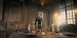 Rule 34 | 1girl, absurdres, black choker, black dress, black ribbon, candle, candlestand, chair, chandelier, choker, cup, day, dress, drinking glass, hair ribbon, highres, indoors, lamp, lm7 (op-center), long hair, long sleeves, looking at viewer, original, picture frame, plate, red eyes, ribbon, silver hair, smile, solo, spoon, standing, sunlight, table, twintails, wide shot, window, wine glass, wing collar