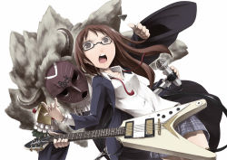 Rule 34 | bad id, bad pixiv id, brown eyes, brown hair, costume, electric guitar, gibson flying v, guitar, instrument, k-on!, long hair, mask, microphone, microphone stand, pectong, school uniform, solo, yamanaka sawako