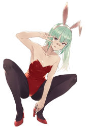 Rule 34 | 1girl, :p, animal ears, bandaid, bandaid on face, bandaid on nose, bare shoulders, between fingers, black pantyhose, breasts, cigarette, collarbone, covered navel, fake animal ears, full body, green hair, grey eyes, high heels, highres, holding, holding cigarette, leotard, long hair, looking at viewer, original, pantyhose, playboy bunny, rabbit ears, red footwear, red leotard, relayrl, shoes, simple background, small breasts, smoking, solo, squatting, strapless, strapless leotard, tongue, tongue out, v over eye, white background