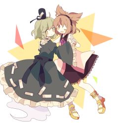 Rule 34 | 2girls, bad id, bad pixiv id, blonde hair, brown hair, daizu (melon-lemon), dress, earmuffs, ghost tail, green dress, green eyes, green hair, hand on another&#039;s shoulder, hat, highres, holding hands, japanese clothes, jewelry, multiple girls, one eye closed, open mouth, short hair, skirt, sleeveless, smile, soga no tojiko, tate eboshi, touhou, toyosatomimi no miko, yellow eyes