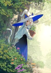 Rule 34 | 1girl, backlighting, blue sailor collar, blue skirt, blush, brown eyes, capelet, closed mouth, clothing cutout, day, flower pot, grey hair, hat, highres, holding, holding flower pot, long hair, long skirt, long sleeves, looking at viewer, original, outdoors, plant, potted plant, ribbon, sailor collar, skirt, smile, solo, storefront, tail, tail ornament, tail ribbon, tail through clothes, tree, very long hair, white capelet, white hat, witch hat, xyunx