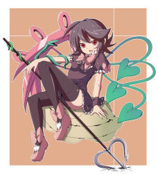 Rule 34 | 1girl, asymmetrical wings, black hair, black thighhighs, colorized, dress, female focus, houjuu nue, kagero (haruhi), polearm, red eyes, short hair, snake, solo, spear, thighhighs, touhou, trident, ufo, weapon, wings