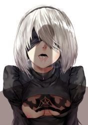 Rule 34 | 1girl, black dress, blindfold, breasts, cleavage, dress, hairband, hews, lips, mole, mole under mouth, nier (series), nier:automata, nipples, one breast out, open mouth, penis, penis shadow, saliva, shadow, short hair, silver hair, small breasts, solo, solo focus, tongue, upper body, 2b (nier:automata)