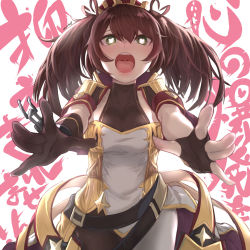 Rule 34 | 1girl, azur lane, black gloves, blush, breasts, brown hair, commentary request, crown, gloves, green eyes, hair ornament, heart, heart-shaped pupils, long hair, looking at viewer, medium breasts, myuutau tadakichi, open mouth, solo, symbol-shaped pupils, tongue, twintails, yandere, york (azur lane)