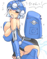 Rule 34 | 1girl, blue hair, blush, breasts, ghost in the shell, large breasts, lightning, lowres, mecha musume, noise (tsuzuki), oekaki, one eye closed, personification, solo, tachikoma, wink
