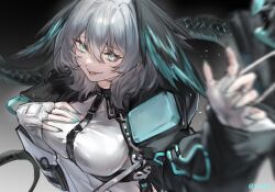 Rule 34 | 1girl, aqua eyes, aqua nails, arknights, arm up, artist name, between breasts, black coat, breasts, coat, commentary request, dress, fingerless gloves, gloves, grey hair, head wings, highres, ho&#039;olheyak (arknights), large breasts, long sleeves, looking at viewer, medium hair, open clothes, open coat, open mouth, smile, snake tail, solo, strap between breasts, tail, upper body, white dress, white gloves, wings, yipingtaopuzi