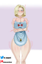 Rule 34 | 1girl, android 18, apron, blonde hair, blue eyes, blush, breasts, bursting breasts, cleavage, covered erect nipples, dragonball z, embarrassed, female focus, highres, huge breasts, karuro-kun, looking at viewer, medium hair, naked apron, partially undressed, solo